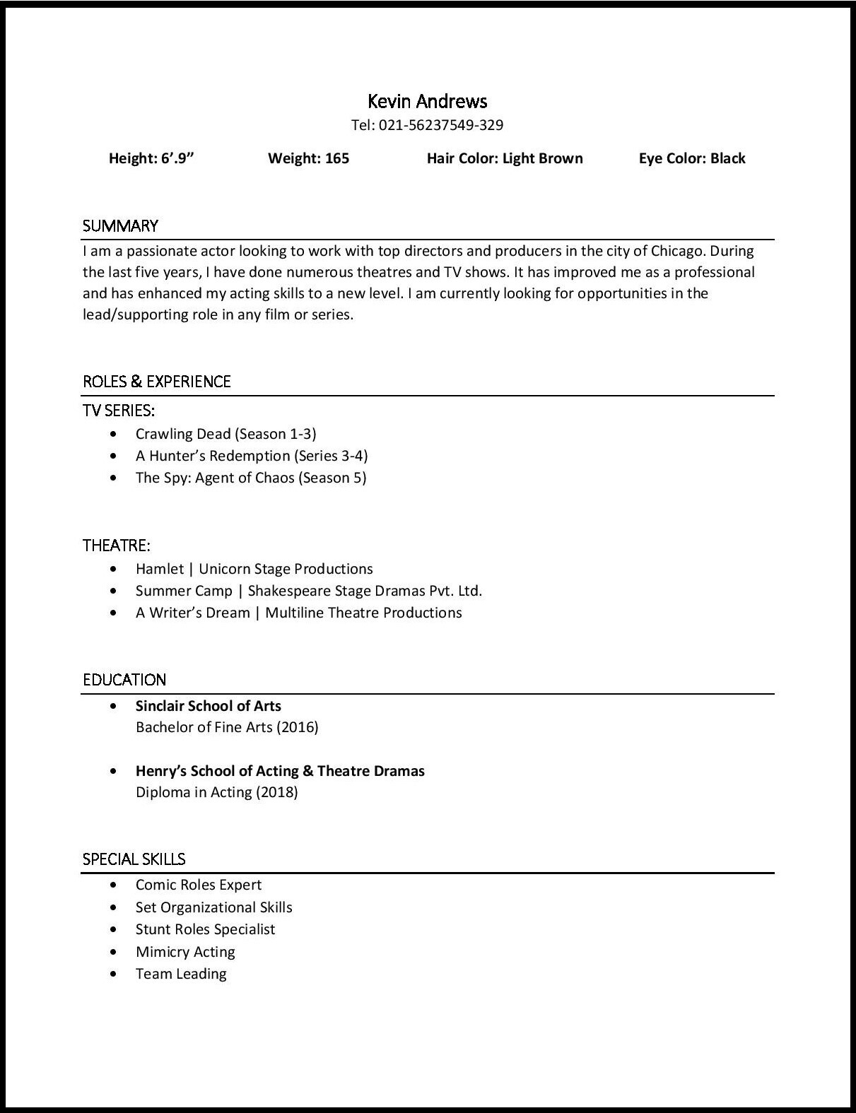 how to make an acting resume for college