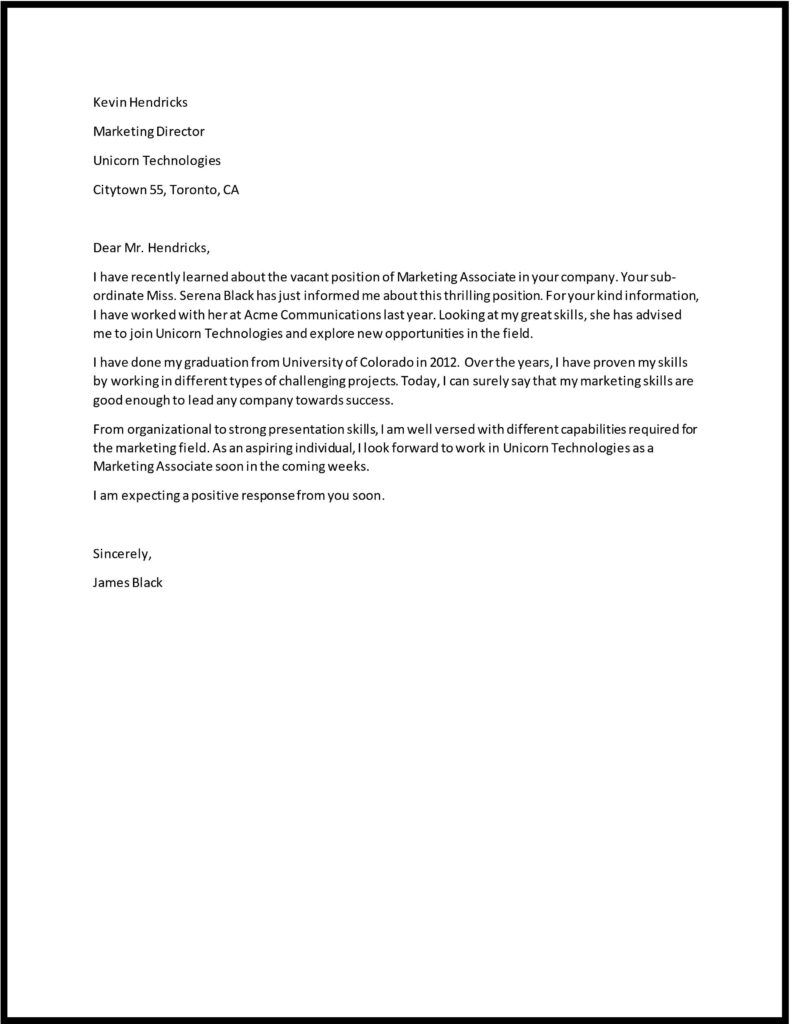 kevin hendricks referral for cover letter 