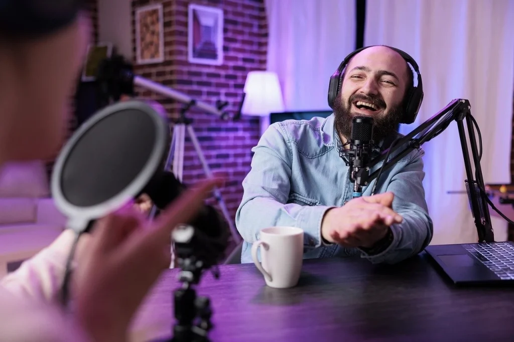 Couple of content creators on a podcast