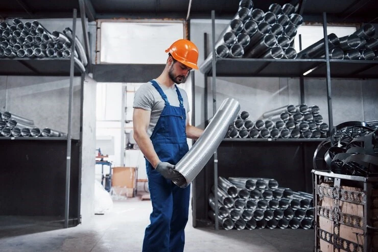 A steelworker with a roll of steel